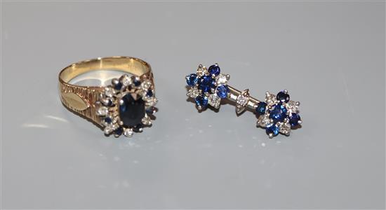 A modern 9ct? gold, sapphire and diamond cluster ring ring and a sapphire and diamond double cluster brooch (ex ear studs).